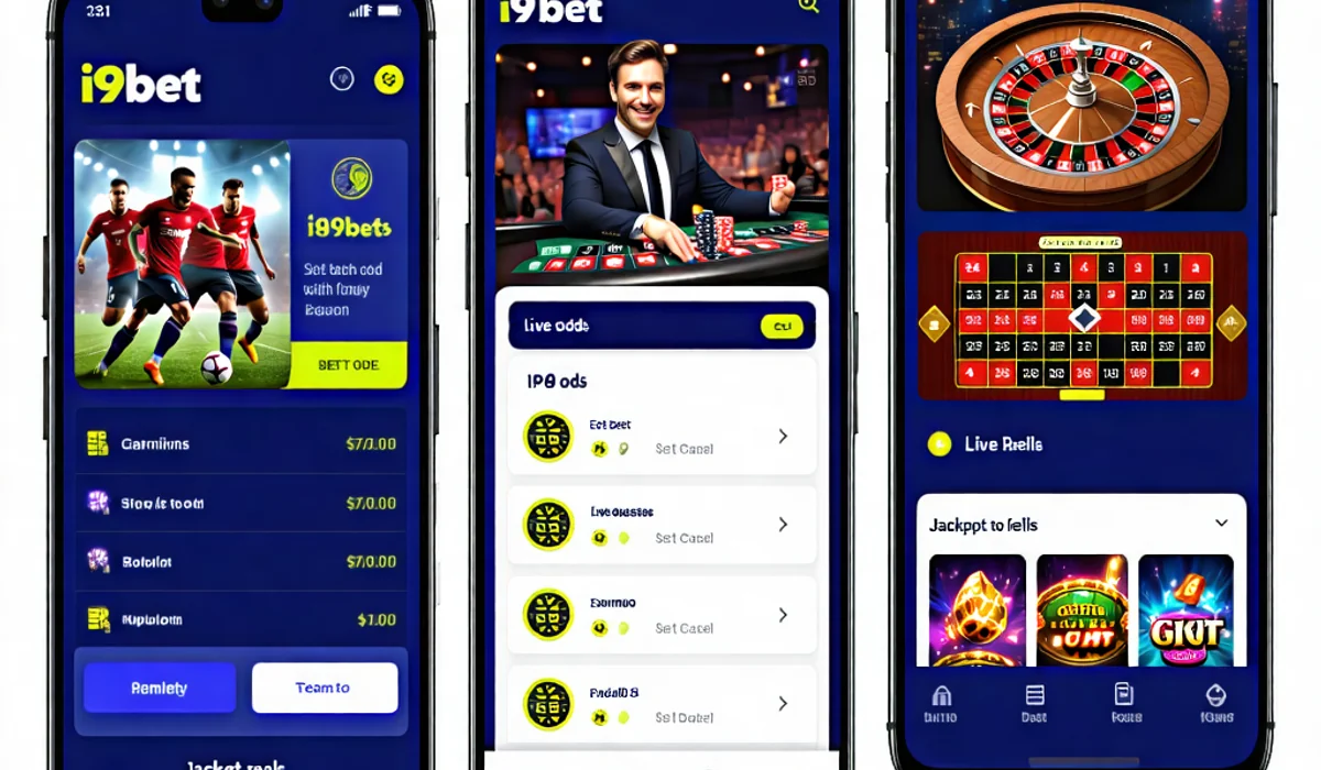 Hình ảnh tổng quan các tính năng nổi bật của ứng dụng i9bet, bao gồm cá cược thể thao, casino trực tuyến và slot game, minh họa sự đa dạng của nền tảng i9bet.