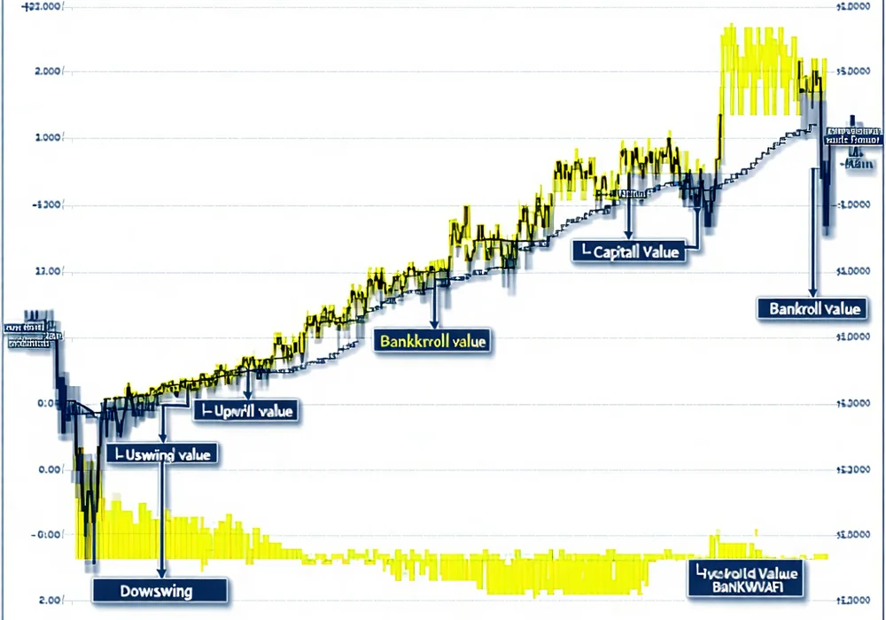 Biểu đồ tăng trưởng vốn với các đường cong lên xuống, thể hiện tầm quan trọng của quản lý vốn trong poker tại i9bet