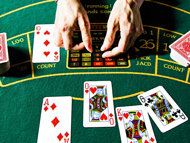 Minh họa kỹ thuật đếm bài trong Blackjack, với các lá bài được gán giá trị và tổng điểm đang được tính toán, giúp người chơi i9bet đưa ra quyết định tối ưu.