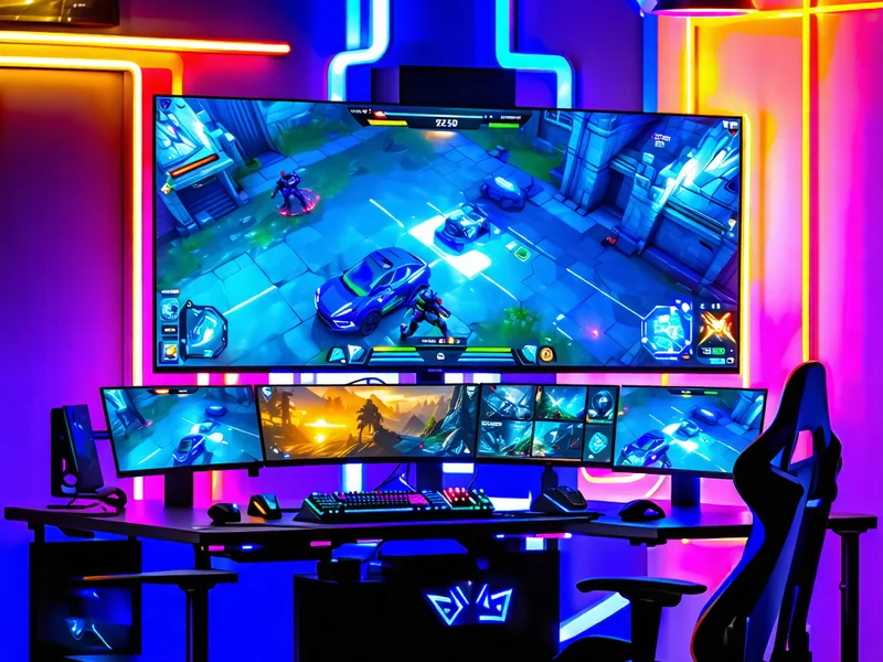 Sân khấu Esports chuyên nghiệp với các game thủ đang thi đấu, màn hình lớn hiển thị trò chơi