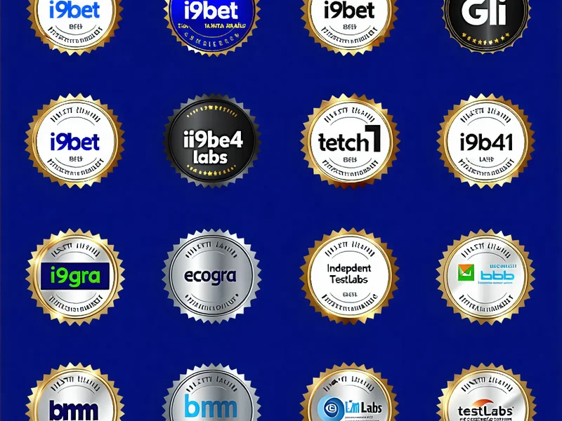 Hình ảnh biểu tượng chứng nhận từ các tổ chức kiểm toán độc lập như GLI hoặc iTech Labs, đặt cạnh logo i9bet, tượng trưng cho sự tin cậy và minh bạch