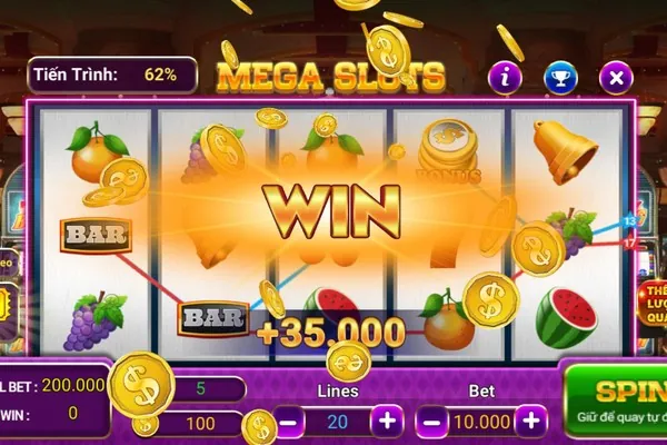 Màn hình trò chơi máy đánh bạc (slot game) đầy màu sắc với các biểu tượng và hiệu ứng chiến thắng hấp dẫn tại i9bet.