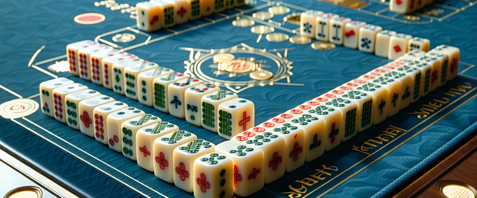 Bàn mạt chược với những quân bài lấp lánh và biểu tượng i9bet, i9bet41, nhà cái uy tín