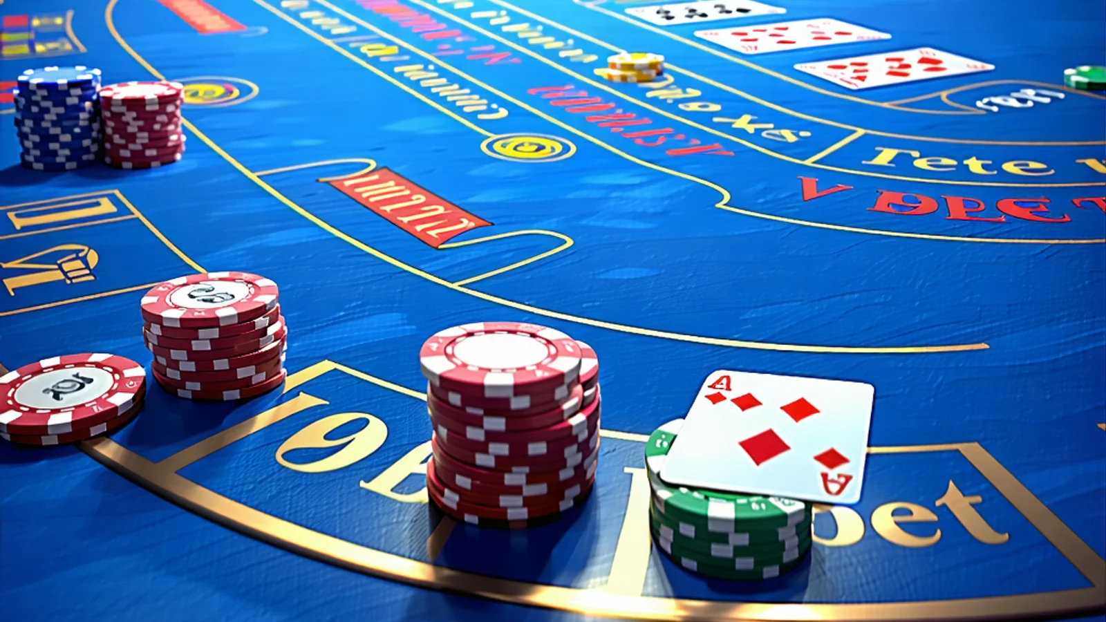 Bàn chơi Texas Hold'em sôi động với logo i9bet, chip và quân bài, thể hiện môi trường chơi chuyên nghiệp